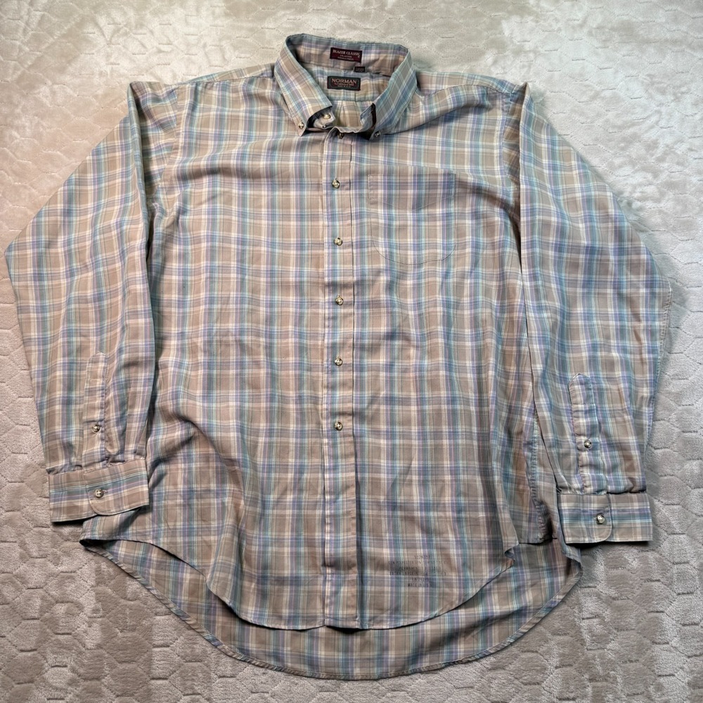 VTG NORMAN Shirtmakers Blazer Classic Button Down Shirt Sz XL USA Made Plaid